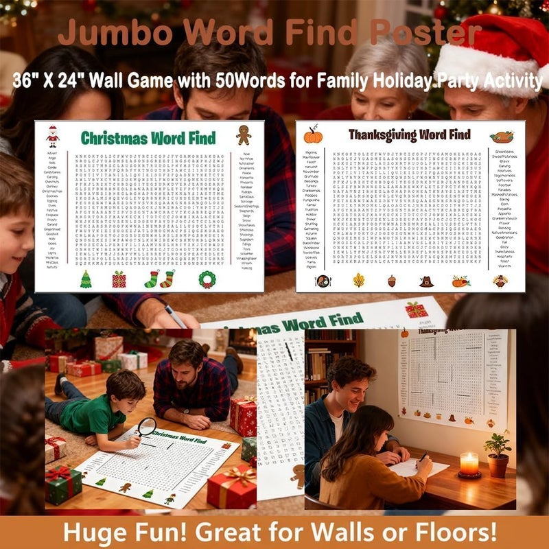 Virularty Jumbo Christmas Word Search Poster, Giant 31.5"x20" Wall Game, Poster-Size Word Search, Giant Thanksgiving Christmas Activity for Families (Christmas) - Image 2